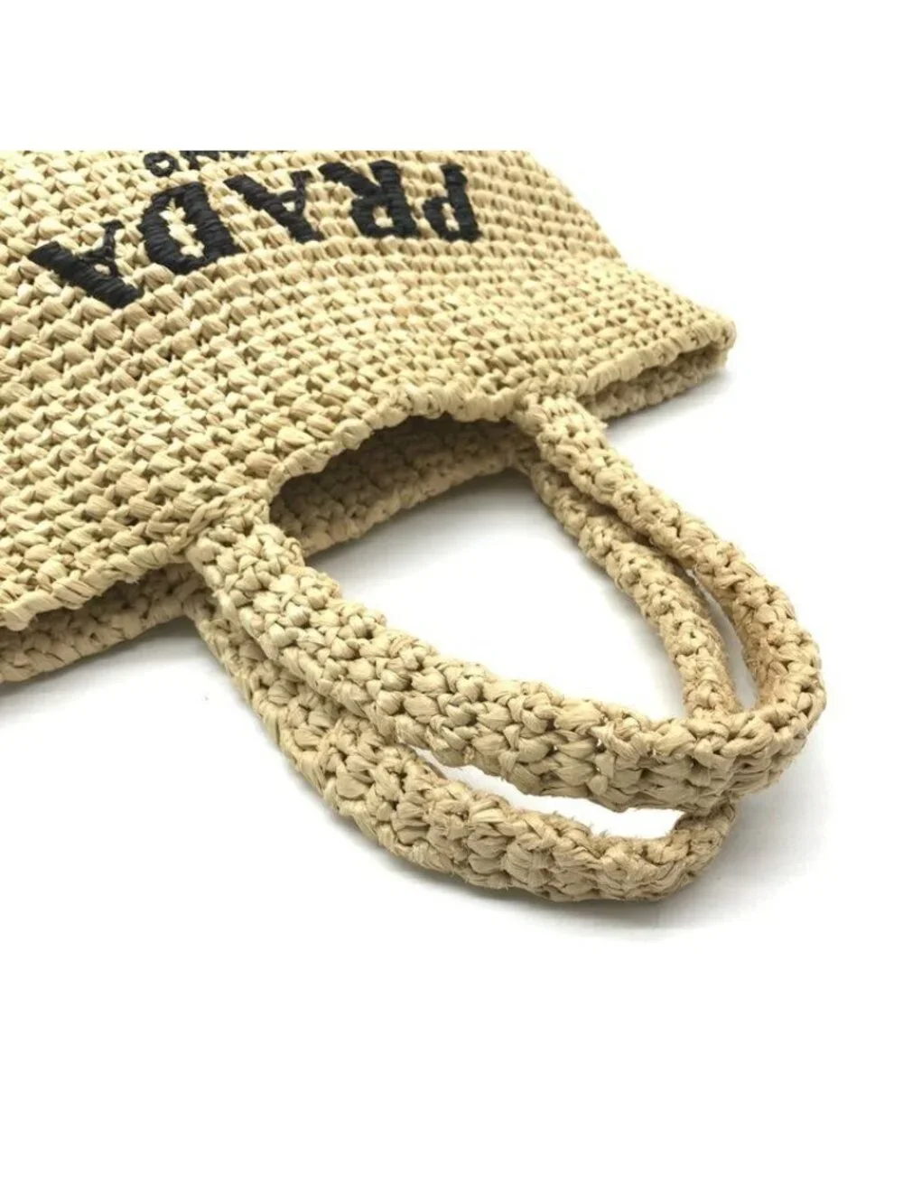 Prada Raffia Tote Shoulder Basket Crochet Logo Embroidery